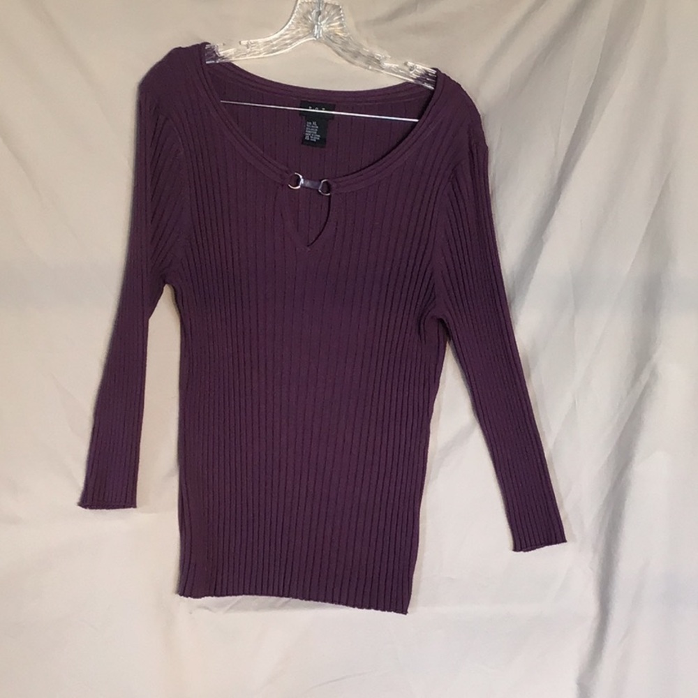 Ribbed Purple 3/4 Sleeve Cut Out Crew Neck Sweater